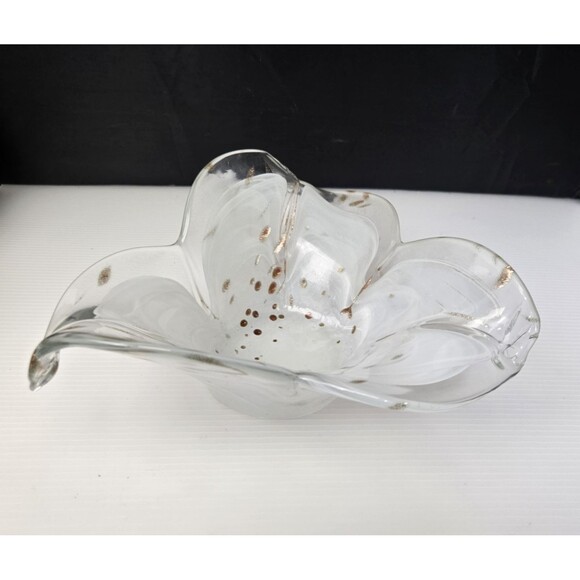 VTG Art Glass Copper Clear & White Handkerchief Flower Petal Bowl Hand Blown 9" - Picture 7 of 11